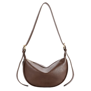 Minimalist deep brown crescent hobo bag in matte faux leather with golden hardware