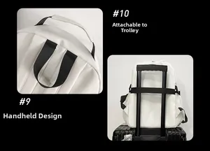 White backpack detail featuring reinforced top handle and luggage strap for easy travel