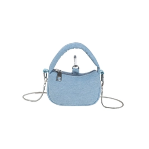 Light blue denim mini handbag with silver chain strap and top handle in casual style