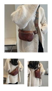 Detail of brown faux leather waist bag with a wide ethnic patterned fabric shoulder strap