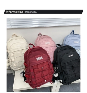 Multiple colors of Japanese style backpacks with mesh pockets and cute monkey charms