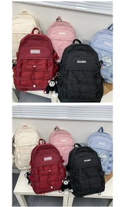 Detailed view of casual backpacks in five colors with mesh pockets and elastic cords