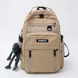 Large capacity beige Harajuku style backpack with multi-layer pockets and frog pendant