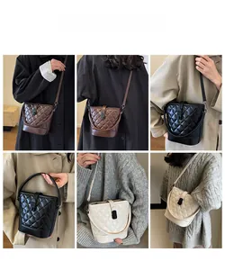 Detailed close-up showing quilted bucket bag in brown, black, and beige color options