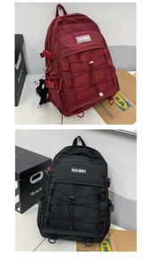 Detail of trendy nylon backpacks with mesh pockets and cross elastic rope design
