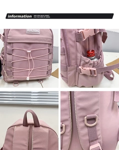 Detail view of pink nylon backpack with mesh pockets, elastic ropes, and RUILSBAG logo
