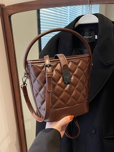 Women Fashion PU Leather Quilted Bucket Bag Diamond Lattice Crossbody Shoulder Bag With Top Handle Casual Retro Handbag