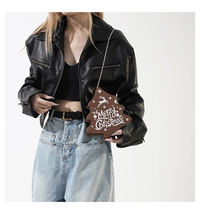 Creative brown Christmas tree crossbody bag with Merry Christmas text and deer design