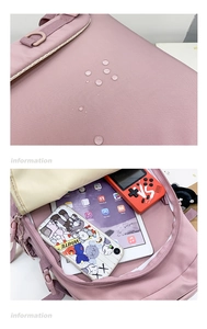 Waterproof fabric detail and large capacity main compartment of a pink backpack