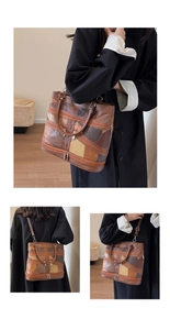 Detailed patchwork tote bag featuring multi-color leather panels and adjustable shoulder strap