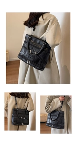 Detailed views of a black quilted tote bag with multi-zipper layers and silver hardware