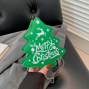 Creative Christmas tree shaped green leather crossbody bag with festive holiday print