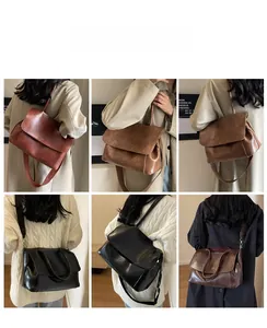Collage of model showcasing large vintage leather crossbody bags in four different colors