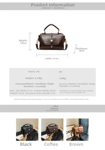 Detailed view of brown PU leather vintage handbag with metal turn-lock and dimensions
