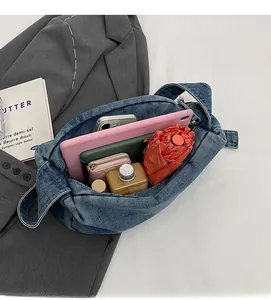 Top-down view of blue denim shoulder bag showing large capacity for tablet and essentials
