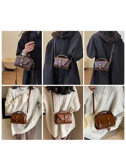 Multiple views of a small retro faux leather crossbody bag worn as a shoulder and handbag