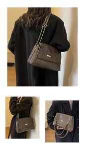 Detailed views of dark brown vintage chain bag shown from front and side on a model