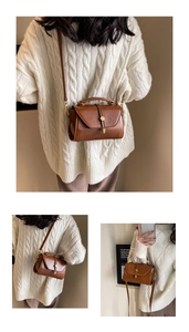 Three-way view of a brown vintage leather handbag shown in hand, on shoulder, and crossbody