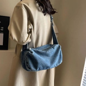Casual denim crossbody pillow bag for women in dark blue washed denim fabric