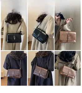 Collage de mannequins présentant le sac rétro en similicuir noir et marron en détail