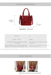 Detailed size and material diagram of a burgundy wedding bucket bag with 21cm width
