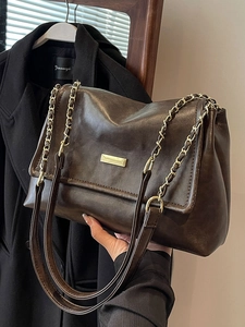 Vintage PU Leather Large Capacity Tote Bag For Women Fashion Stitching Chain Shoulder Bag Crossbody Flap Handbag Daily Office Bag