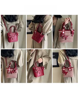 Detail shots of red bucket bag showing hand-carry, shoulder, and crossbody styles