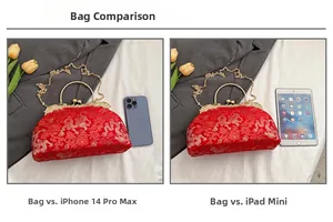 Detailed view of red dragon embroidery on evening bag with size reference comparison
