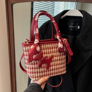 Elegant red and white houndstooth bridal tote bag with leather puppy charm and scarf handle