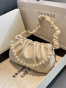 Damen Mode Geraffte Wolkentreppe Tasche Mit Künstliche Perlenkette Französischer Stil Plissierte PU Leder Schultertasche Achseltasche