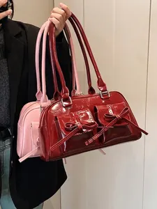 Women Trendy Bow Underarm Shoulder Bag Glossy PU Leather Double Pocket Small Tote Retro Sweet Crossbody Bowling Handbag
