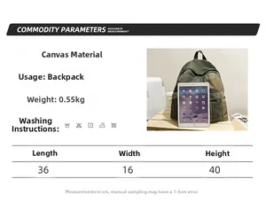Size chart showing dimensions 36x16x40cm for the canvas backpack with fabric details