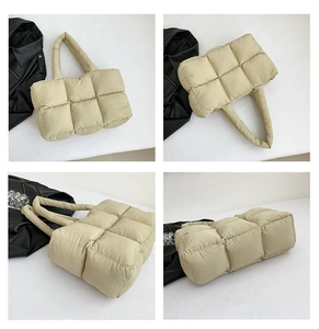 Detailed views of beige quilted puffer tote bag with large square stitching and soft texture