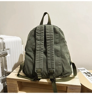 Detail view of the back of a military green canvas backpack with adjustable straps