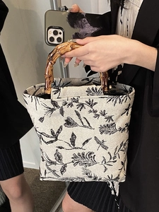 Bamboo handle canvas tote bag with black ink floral print and large capacity