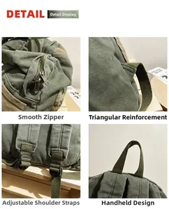 Detail view of canvas backpack showing smooth zippers and reinforced triangle stitching