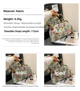 Floral crossbody bag size comparison with A4 paper and iPad including detailed dimensions