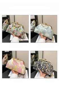 Detail of floral jacquard fabrics and rhinestone-encrusted metal handles for evening bags