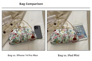 Detailed size comparison of embroidered flower handbag with iPhone and iPad mini