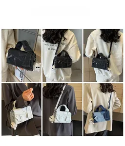 Collage of denim patchwork crossbody bags with cute plush charms shown in various styles