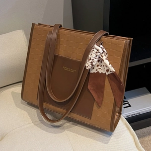 Brown large capacity tote bag with checkerboard embossing and leopard scarf accessory