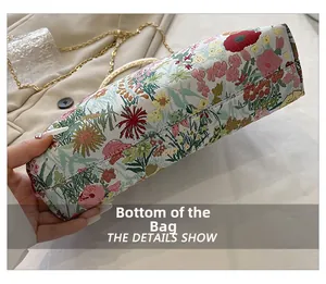Detailed close-up showing the embroidered floral pattern on the bottom of the handbag