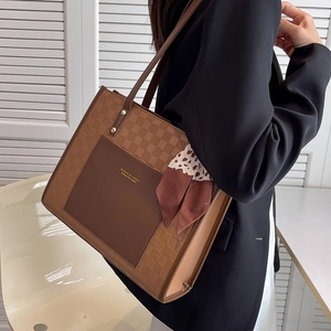 Brown leather tote bag for women with plaid texture and decorative silk scarf