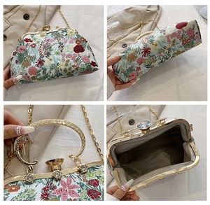 Detailed views of floral embroidered clutch with ornate gold metal frame and gemstone clasp