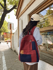 Japanese style color-block canvas backpack in burgundy and navy blue for students