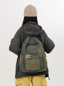 Japanese style washed canvas backpack for women in green patchwork minimalist design