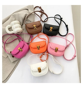 Detailed flat lay of multi-colored mini saddle bags with vintage gold locks and lychee leather