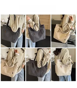 Detailed views of large canvas tote bag in black and beige from multiple angles