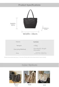 Detailed size chart for large canvas tote bag showing dimensions and specifications