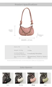 Detail view of crescent PU shoulder bag with pearl heart chain and size dimensions